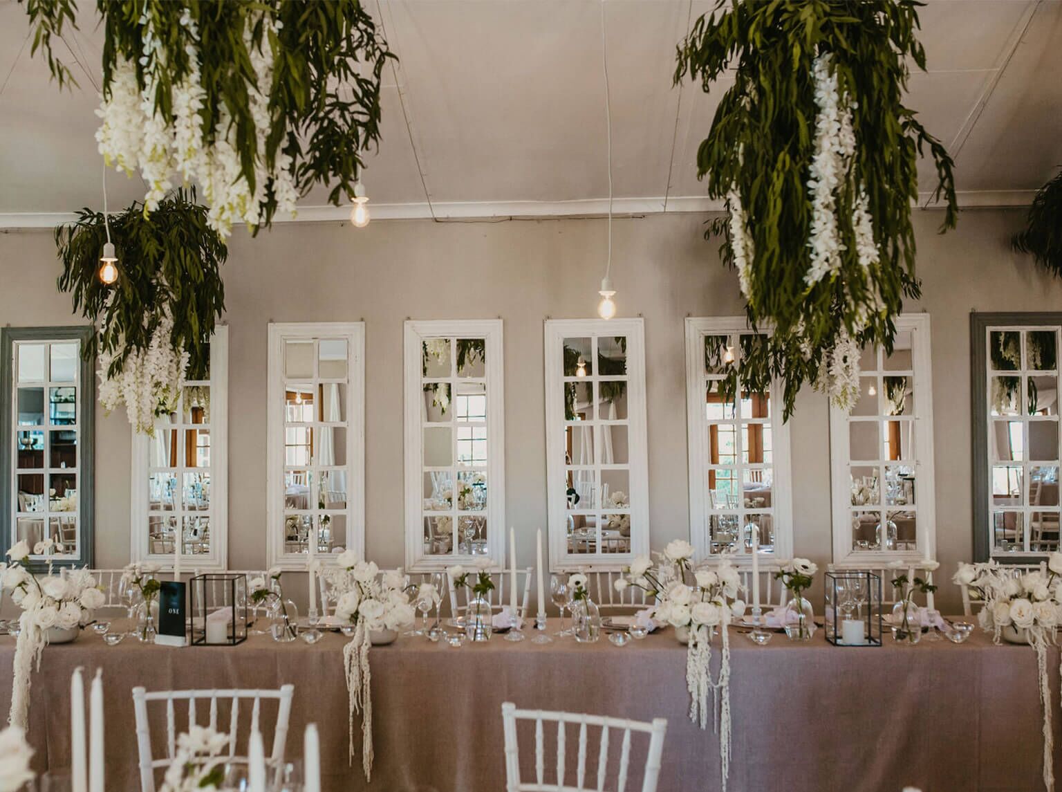 Reception hall set for dinner